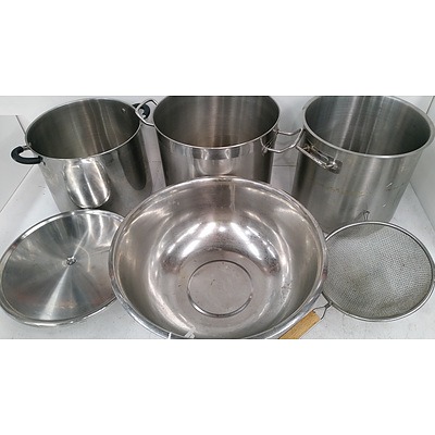 Stainless Steel Crockpots, Bowls, Serving Tray and Strainer
