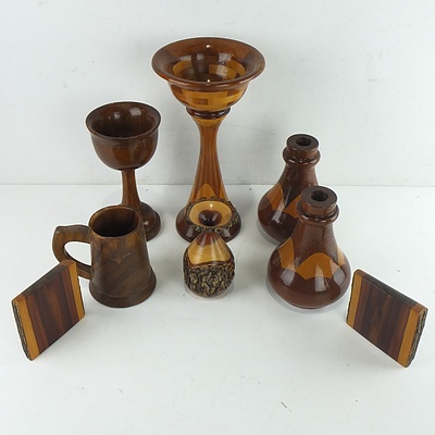 Group of Carved Mulga Wood, Including Vase, Candlesticks, Bookends, Tankard and Smokers Stand