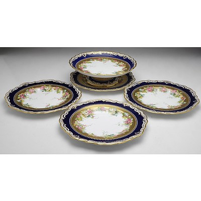 Four Antique Copland Hand Painted Plates and a Matching Comport