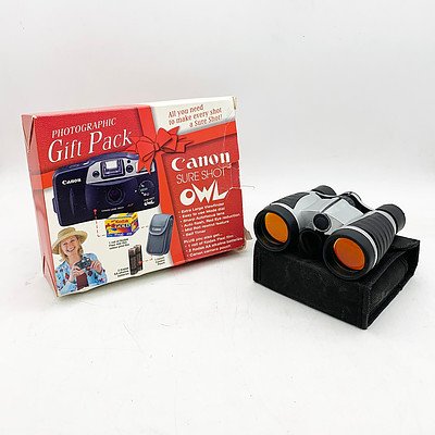 Canon Sure Shot Owl Film Camera Pack and Binoculars