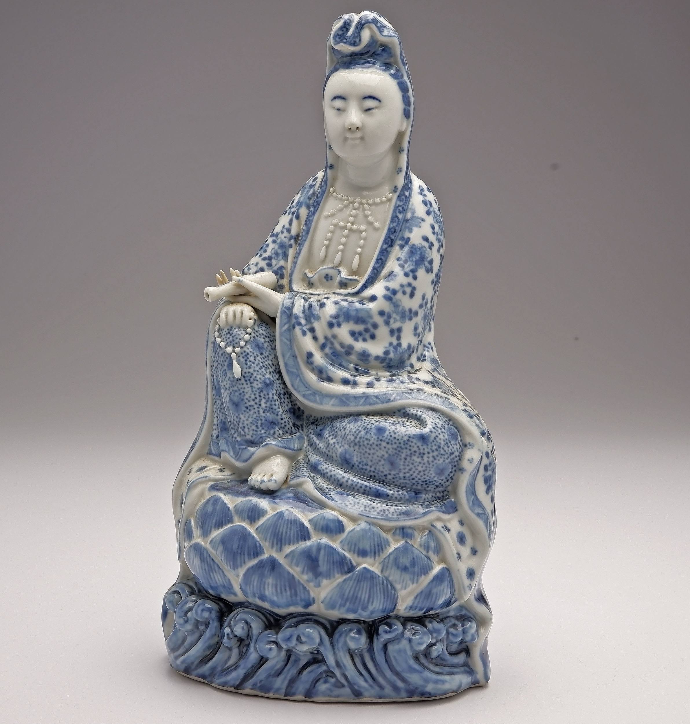 'Rare Chinese Blue and White Figure of Guanyin, Wei Hong Tai Mark, Republic Period'