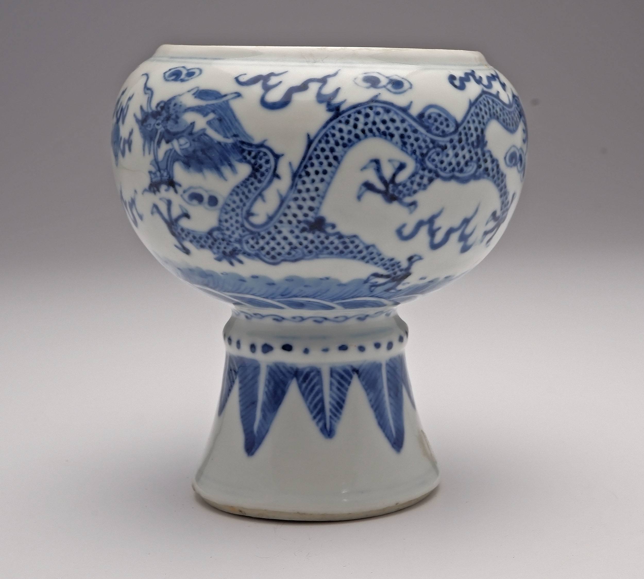 'Chinese Blue and White Dragon Stem Cup, 19th Century'
