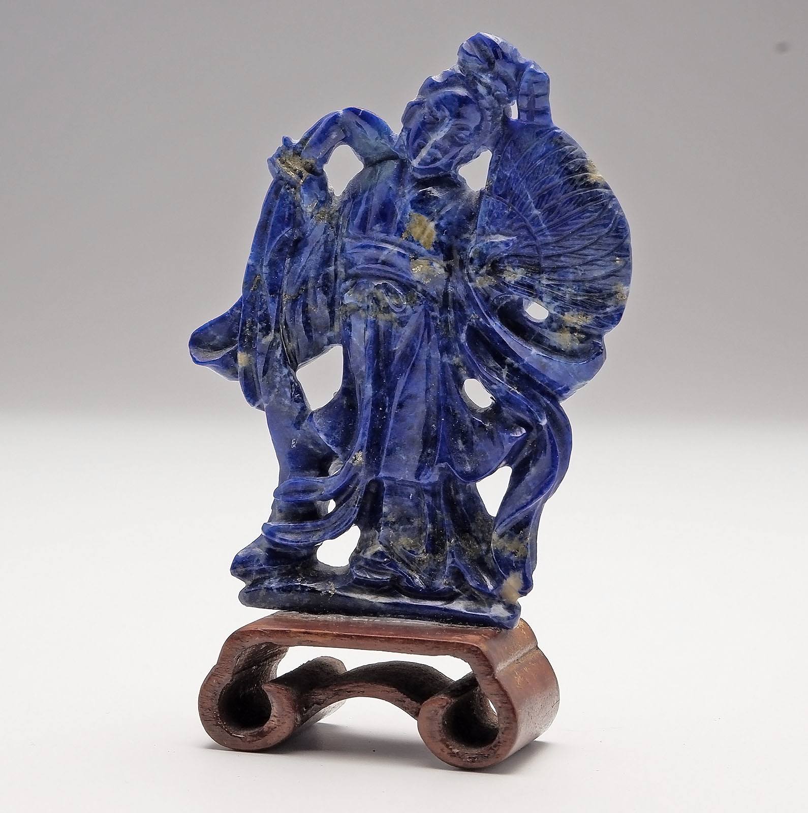 'Small Chinese Carved Lapis Lazuli Figure of a Lady with Fan on Hardwood Stand'