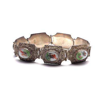 Vintage Chinese Silver and Painted Porcelain Bracelet