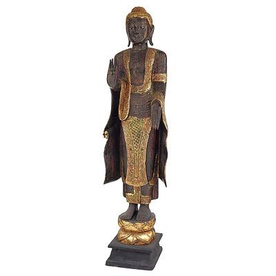 Near Life Size Burmese Heavily Lacquered and Carved Wood Standing Buddha on Lotus Base, Late 20th Century