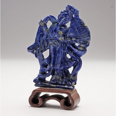 Small Chinese Carved Lapis Lazuli Figure of a Lady with Fan on Hardwood Stand