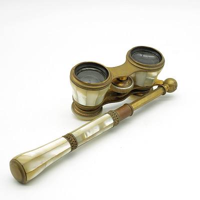 A Pair of Antique Opera Glasses with Mother of Pearl and Brass Filigree