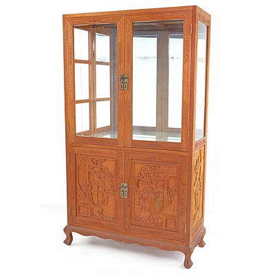 Chinese Relief Carved Teak Display Cabinet, Mid 20th Century