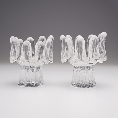 Pair of Retro Kosta Glass Sunflower Candle Holders, Designed by Goran Warff