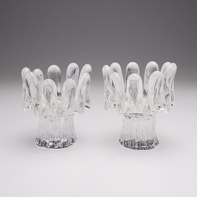 Pair of Retro Kosta Glass Sunflower Candle Holders, Designed by Goran Warff