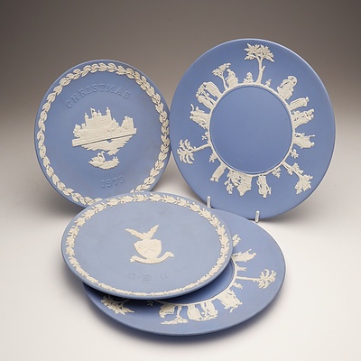 Four Wedgwood Blue Jasperware Plates, Including Church of England Grammar School and Christmas 1973