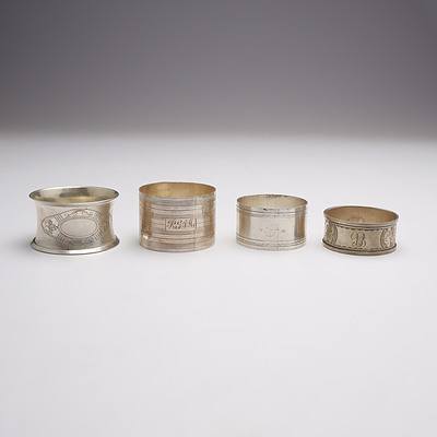 Three Sterling Silver Napkin Rings and a German Art Nouveau 800 Silver Napkin Ring