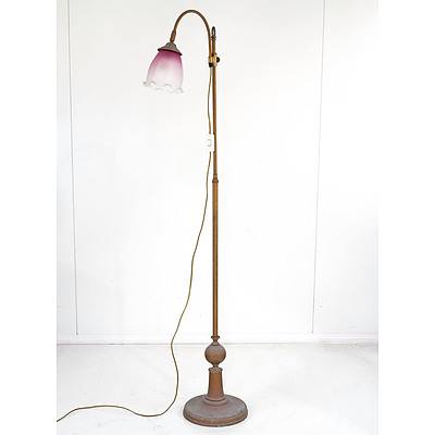 Good Antique Brass Gooseneck Adjustable Reading Lamp with Ruby Glass Shade, Early 20th Century