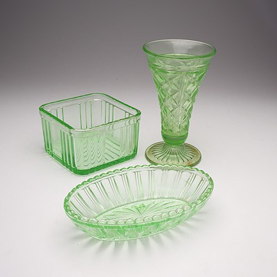 Three Pieces of Green Depression Glass, Including Tall Diamond Cut Vase
