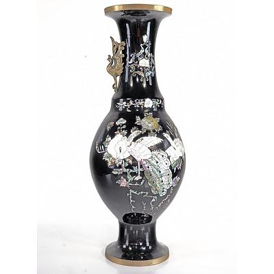 Large Vintage Oriental Black Lacquered and Shell Inlaid Brass Vase with Peacock Handles