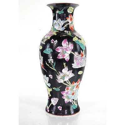 Large Chinese Famille Noir Vase with Lotus Flowers