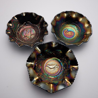 Three Australian Amethyst Carnival Glass Nappy Bowls, Including Kingfisher, Swan and Magpie