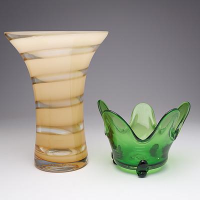 Green Art Glass Bowl and Tall Art Glass Vase