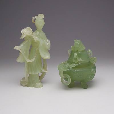 Chinese Hardstone Censor with Dragon Head Handles and a Hardstone Figure of a Guanyin