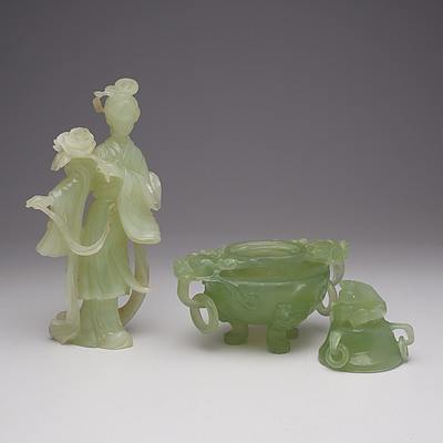 Chinese Hardstone Censor with Dragon Head Handles and a Hardstone Figure of a Guanyin