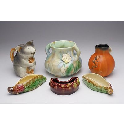 Six Pieces of Retro Australian Pottery, Including Koala Form Jug and Pair of Minatare Leaf Form Trough Vases 