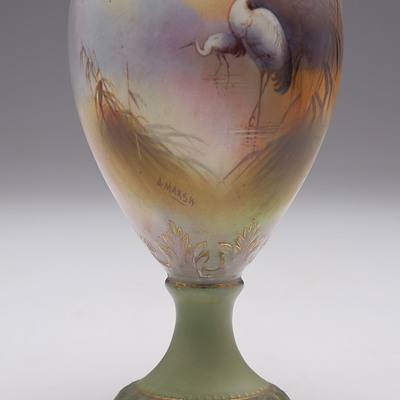 Crown Devon Urn Hand Painted with Cranes by A. Marsh, Early 20th Century