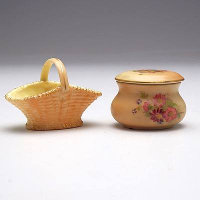 Late Victorian Royal Worcester Miniature Basket 1896 and a Edwardian Royal Worcester Miniature Lidded Box 1910