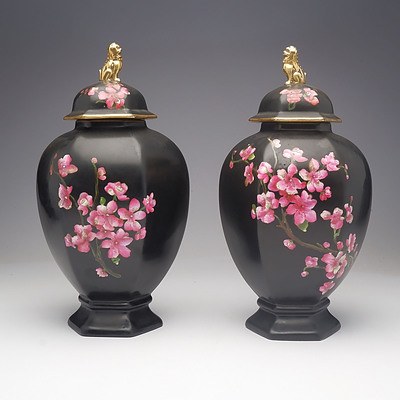 Pair of Carlton Ware Stoke on Trent Cherry Blossom Temple Urns, Early 20th Century