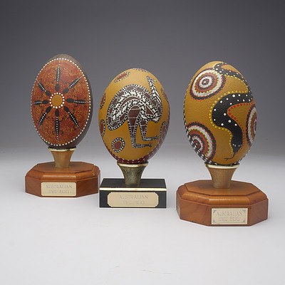 Three Australian Hand Painted Emu Eggs with Stands