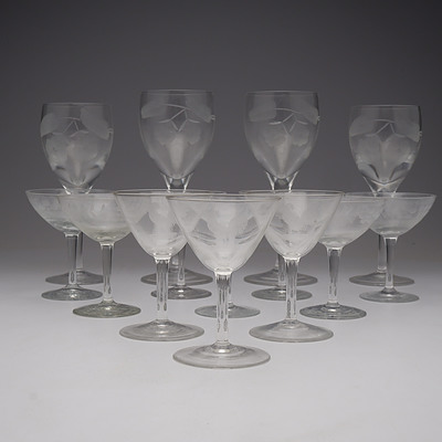 Seven Art Deco Engraved Cocktail Glasses and Seven Acid Etched Glasses