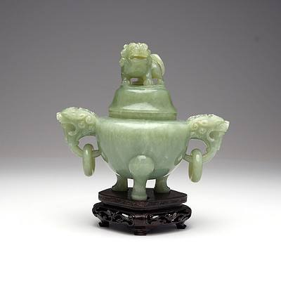 Chinese Serpentine Censer with Lion Head Handles and Finial