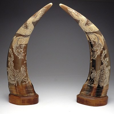 Pair Chinese Buffalo Horns with Carved Four Claw Dragon and Rooster