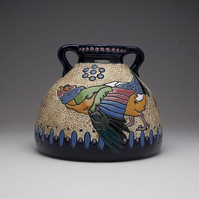 Czech Amphora Pottery Vase with Bird and Tree Pattern in Raised Enamels
