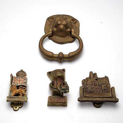 Group of Four Vintage Brass Door Knockers, Including a Corfe Castle, British Lion and More
