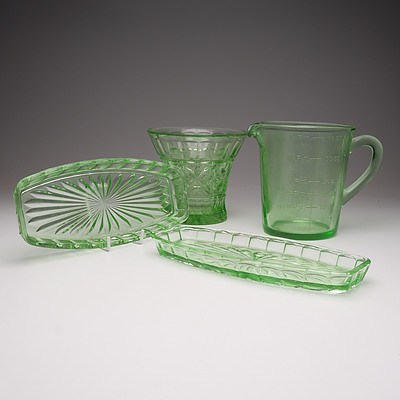  Green Depression Glass Vase, Measuring Jug and Two Trays