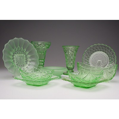 Various Green Depression Glass, Including Vases, Frosted Plates and More