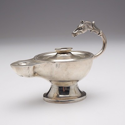 Victorian Sterling Silver Aladdin's Oil Lamp Table Lighter with Horse Head Finial, Mappin & Webb, London, 1894, 148g