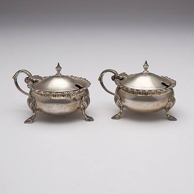 Pair George V Sterling Silver Covered Salts with Cobalt Blue Glass Liners, William Hutton & Sons Ltd, Birmingham, 1928, 123g