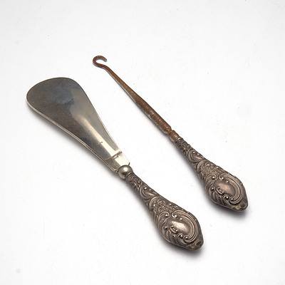 Edwardian Sterling Silver Button Hook and Shoe Horn, G & C Ltd , Birmingham, 1910,