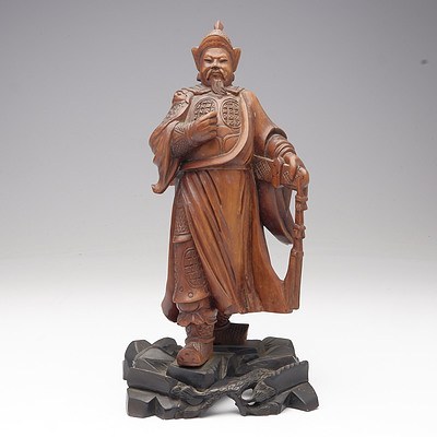 Carved Chinese Boxwood Figure of Warlord on Hardwood Base, Early 20th Century