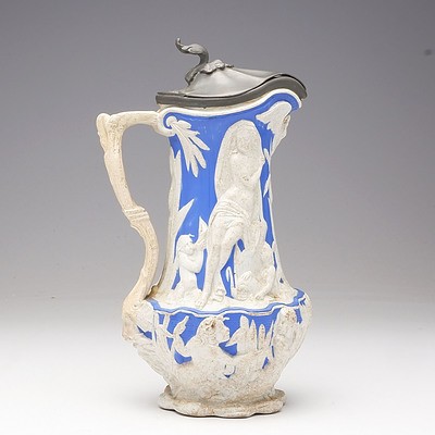 Charles Meigh Blue Parian Lidded Jug with Hinged Pewter Lid Circa 1880