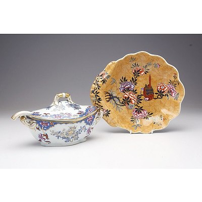 Victorian Spode Floral Decorated Sauce Tureen with Ladle, and a Spode Dish