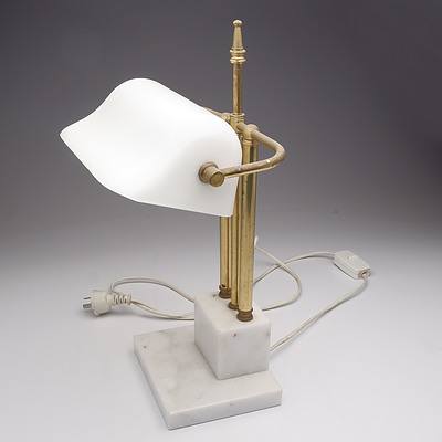 Vintage Marble and Brass Bankers Desk Lamp with Opal Glass Shade