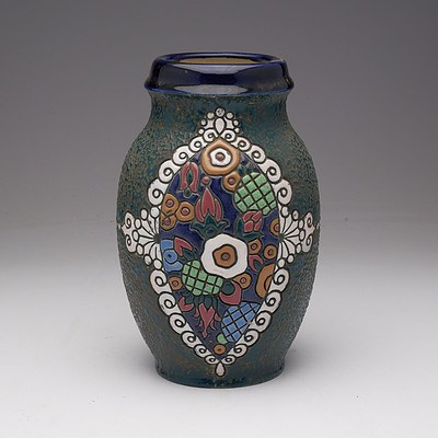 Czech Art Deco Amphora Pottery Vase with Moriage Enamel Decoration, Early 20th Century