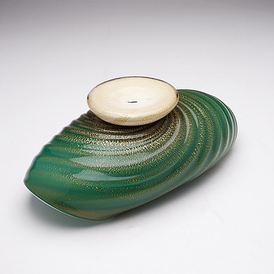 Murano Lattimo and Gold Leaf Infused Green Glass Bowl, Probaby Barovier