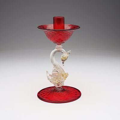 1920's Murano/Venetian Lamp Blown Red and Clear Glass Candleholder with Gold Leaf Inclusions