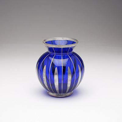 Bohemian Art Deco Silver Painted Cobalt Glass Vase
