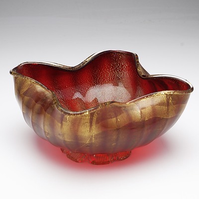 1920's Murano/Venetian Lamp Blown Red Glass Bowl with Gold Leaf Inclusions with Applied Rigaree Type Foot