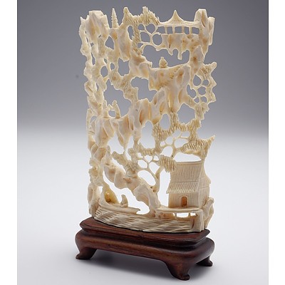 Chinese Export Carved and Pierced Ivory Cliff Face Carving, Early to Mid 20th Century
