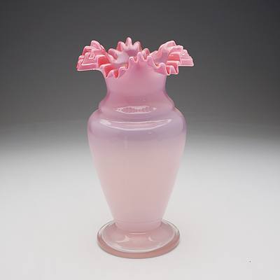 Victorian Vaseline Cased Pink Glass Vase with Ruffled Rim, Late 19th Century
